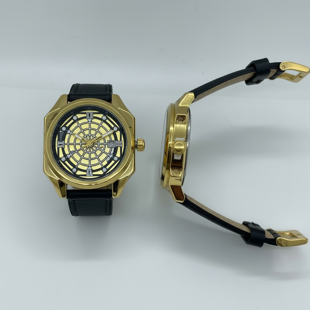 Gold-tone geometric dial wristwatch with a black strap shown from the front and side