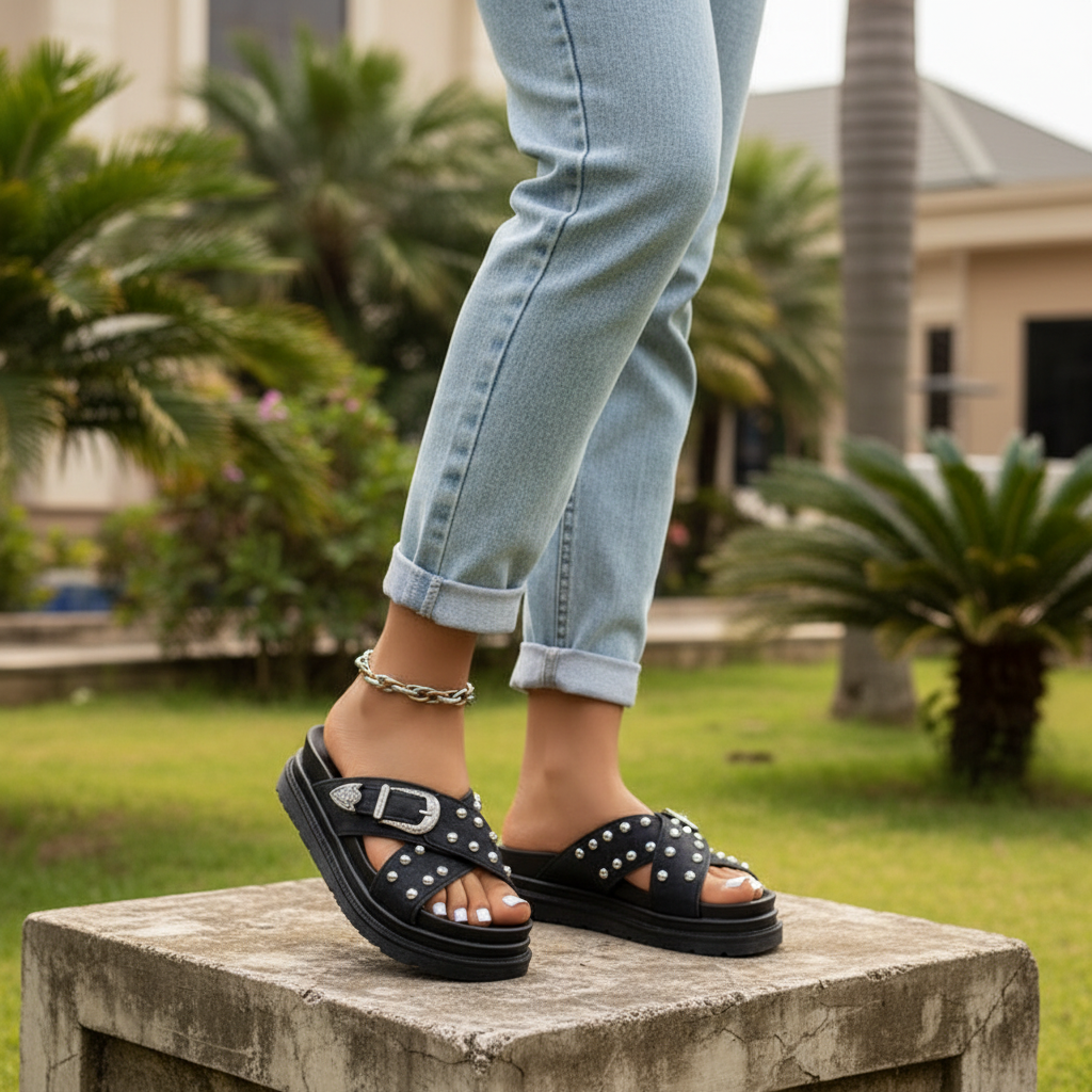 Leg focus shot of Nigerian female model wearing black studded cross-strap platform slide sandals with western buckle