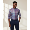 Nigerian model wearing Ralph Polo Burgundy Blue White Plaid Check Shirt