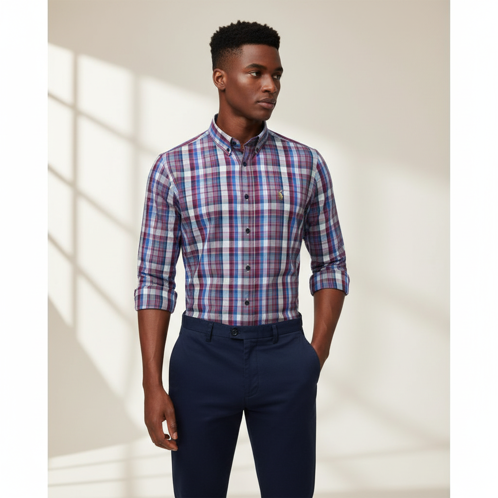 Nigerian model wearing Ralph Polo Burgundy Blue White Plaid Check Shirt