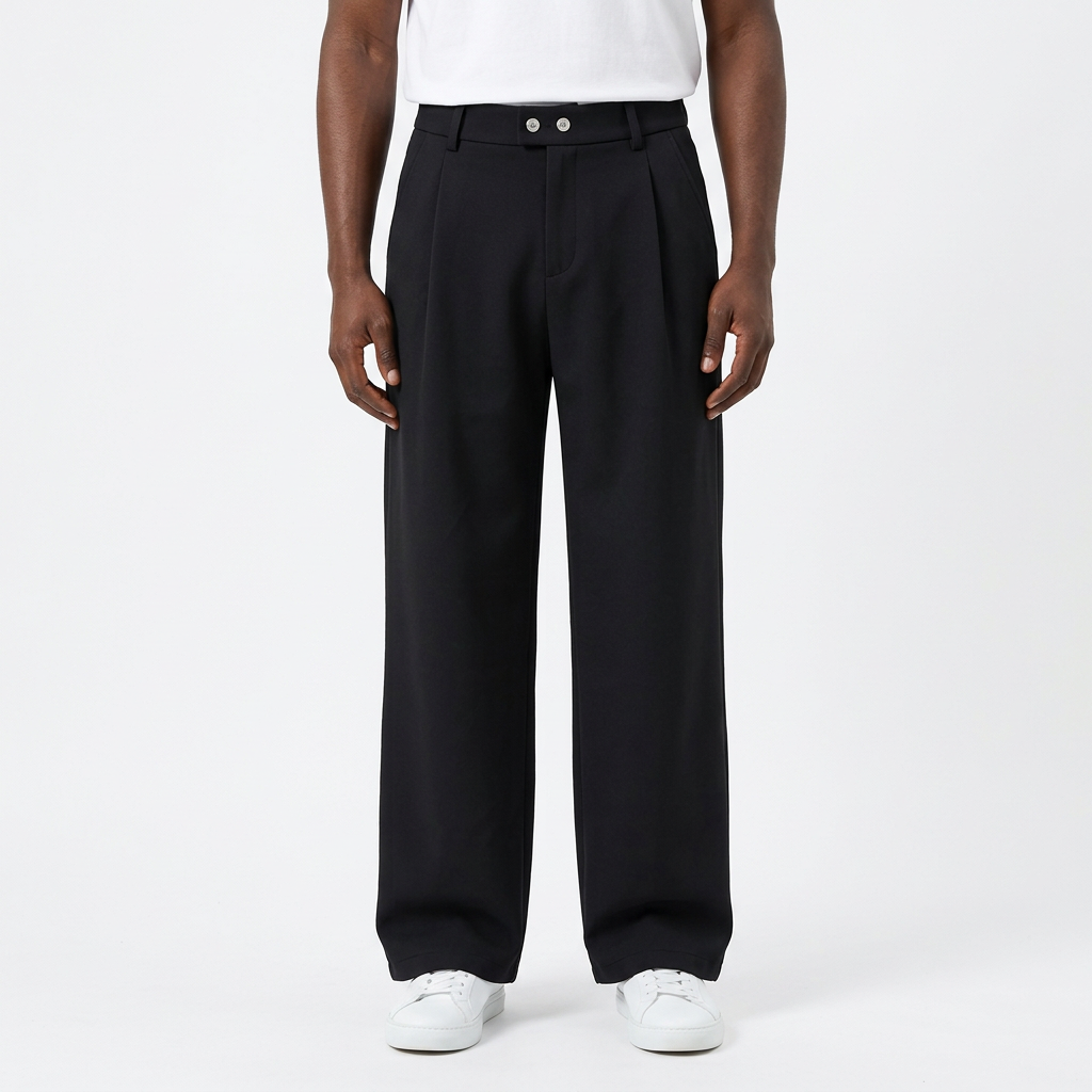 Male model wearing black twin-button wide-leg trousers matched to the supplied catalogue reference on white