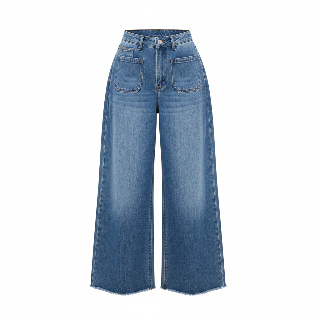Women's medium blue ultra-wide baggy denim jeans — ghost mannequin front view