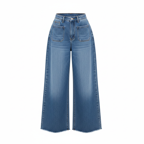 Women's medium blue ultra-wide baggy denim jeans — ghost mannequin front view