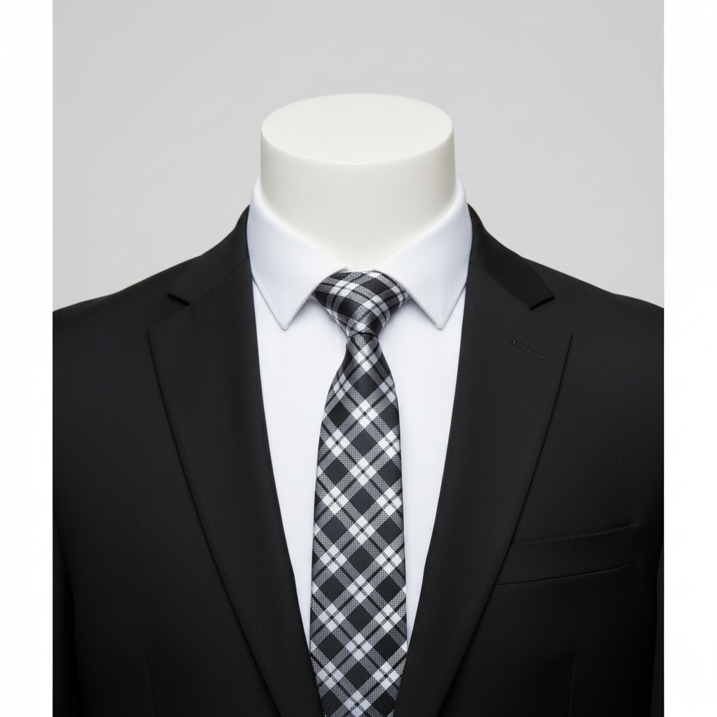 Men's black and white tartan plaid woven necktie on ghost mannequin with white shirt and black suit