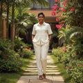 Nigerian female model wearing Unisex Cream Linen-Look Shirt & Straight-Leg Trousers Co-ord Set