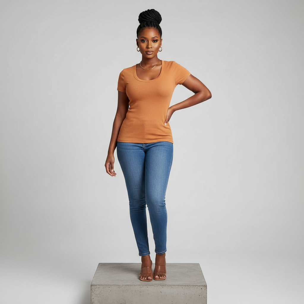 Camel Ribbed Scoop-Neck Short-Sleeved Shirt - Model Front