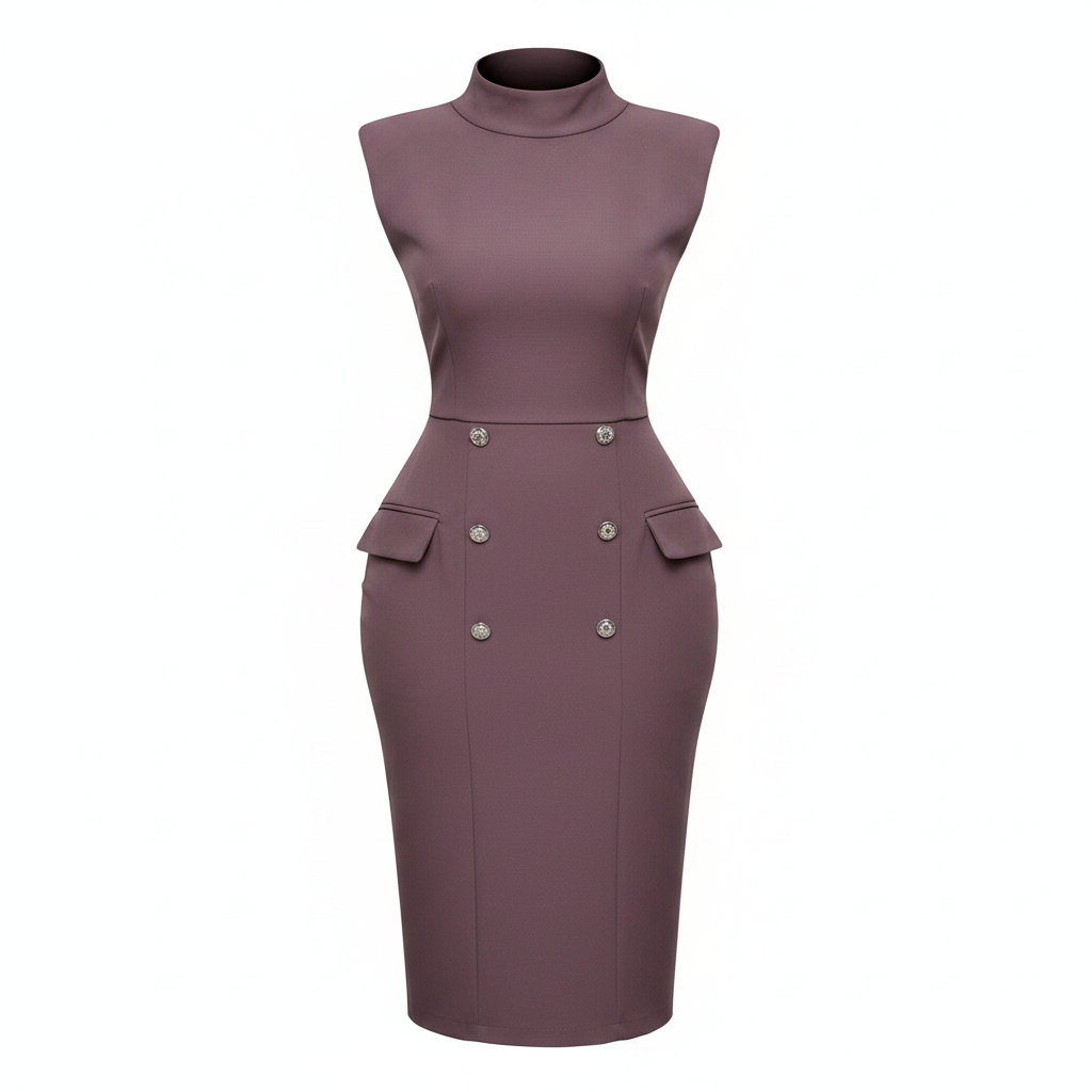 Ghost mannequin view of women's mauve sleeveless mock-neck top and pencil midi skirt co-ord set