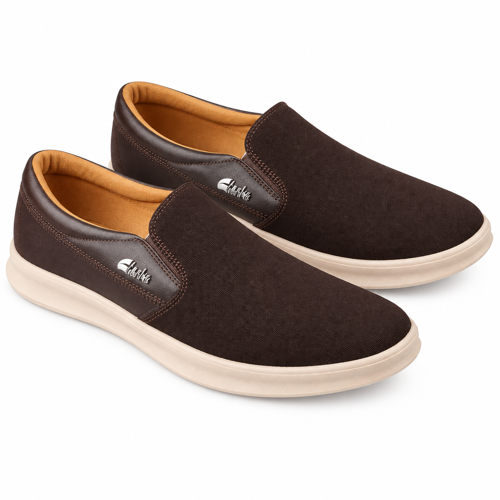 Pair of chocolate-brown slip-on shoes on white