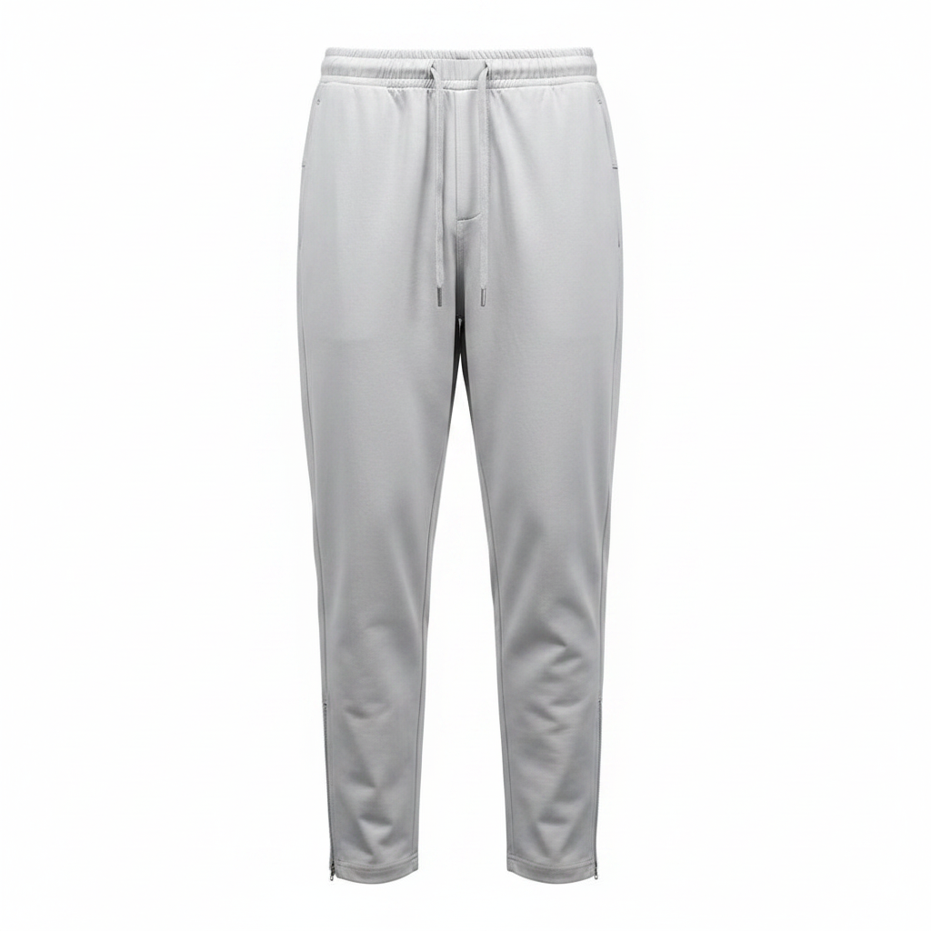 Light grey relaxed tapered zip-ankle jogger trousers ghost mannequin front view