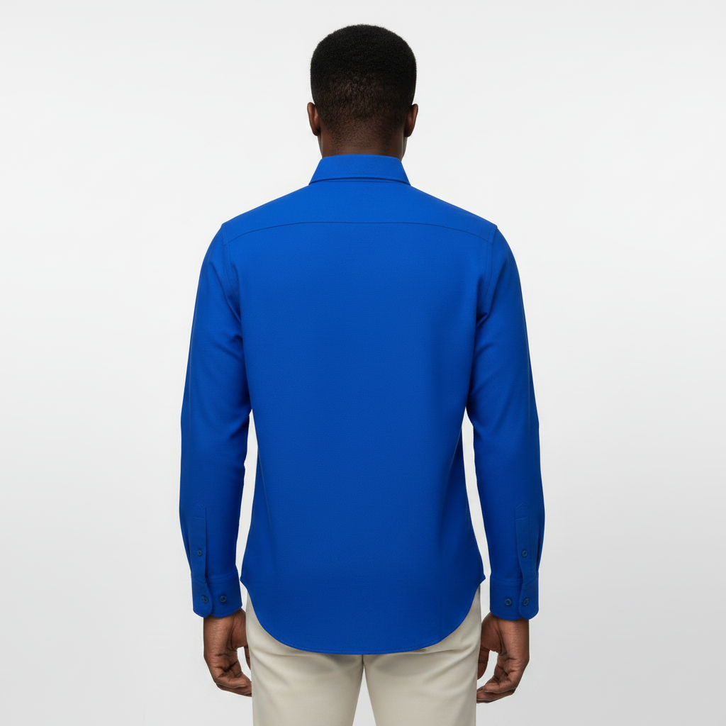 Nigerian adult male model wearing Royal Blue Oxford Long Sleeve Shirt – Back View