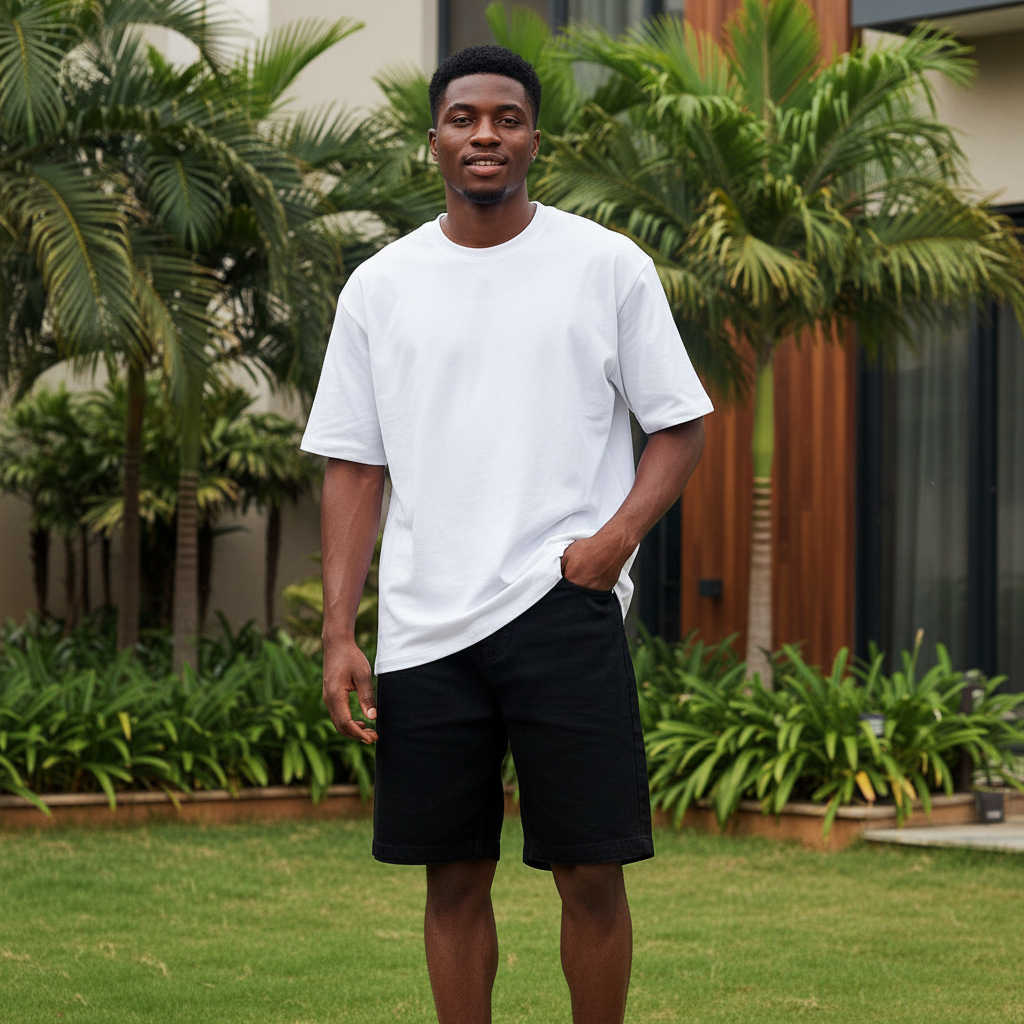Nigerian male model wearing black relaxed fit embroidered denim shorts in upscale outdoor setting