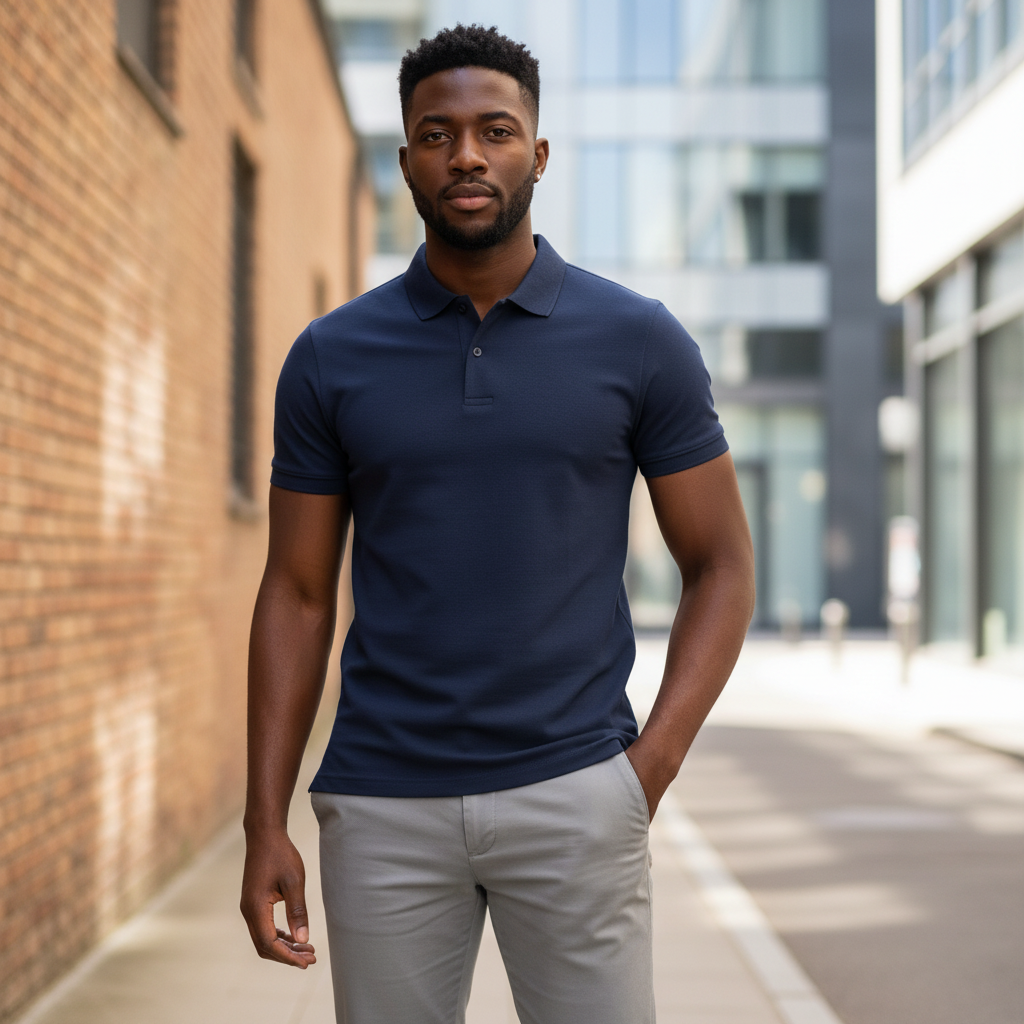Young Nigerian male model wearing dark navy textured pique polo shirt