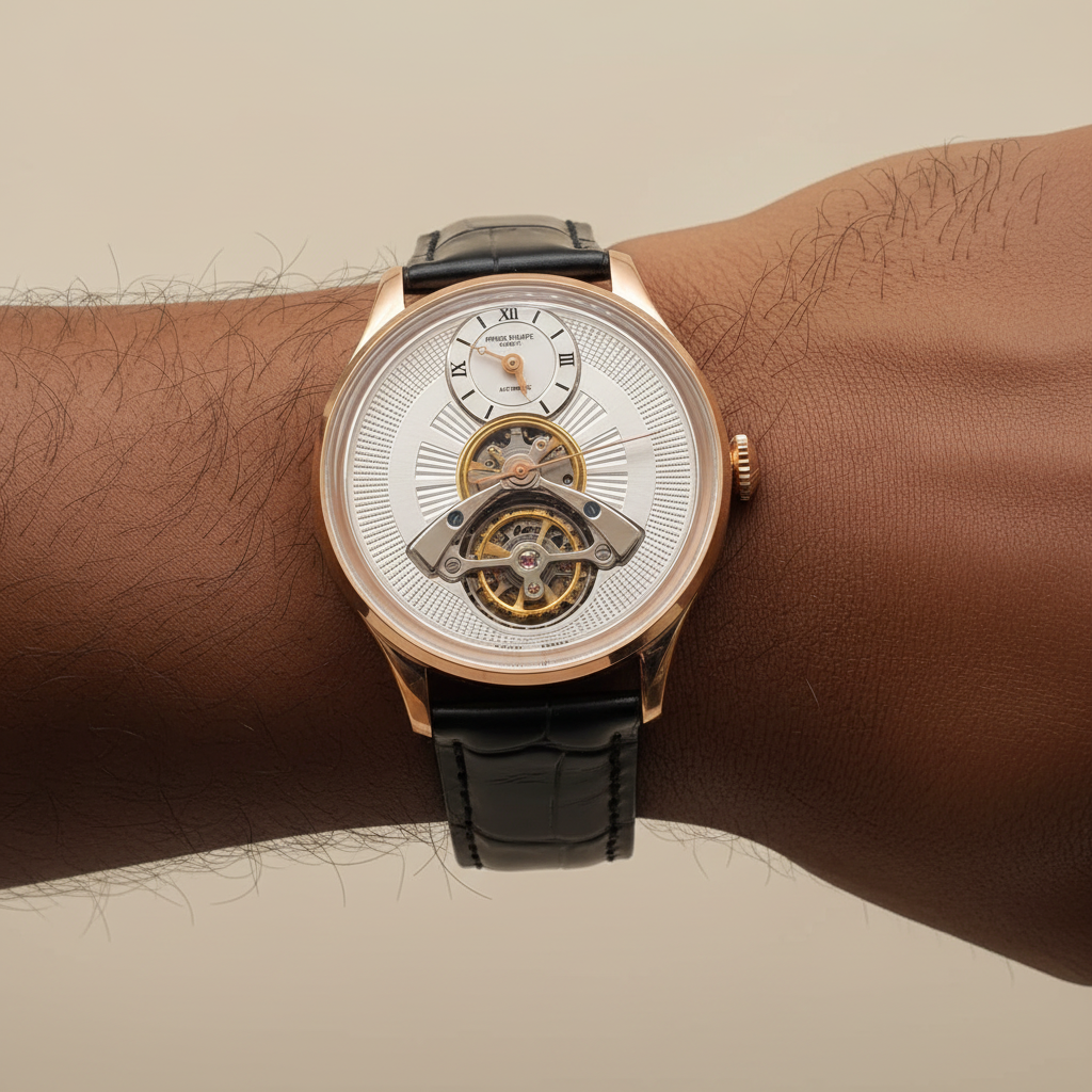 Men's Silver Dial Rose Gold Tourbillon Automatic Watch – Nigerian Male Model Wrist Shot