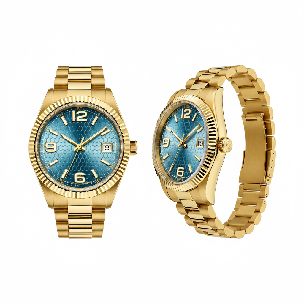 Ice blue honeycomb dial full gold steel couple watch — ghost mannequin front and side view