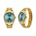 Ice blue honeycomb dial full gold steel couple watch — ghost mannequin front and side view