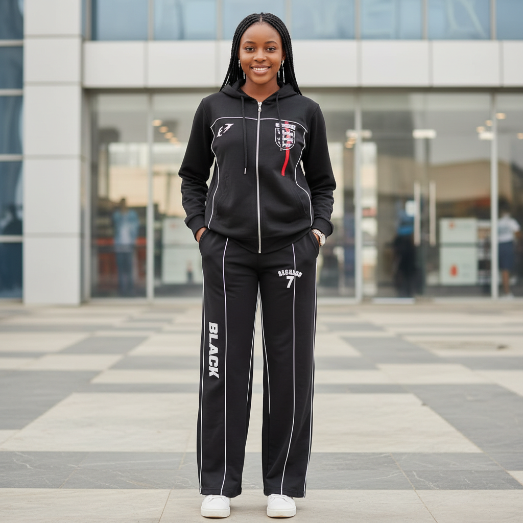 Teen Black Piping Zip Hoodie Tracksuit Set – Model Shot