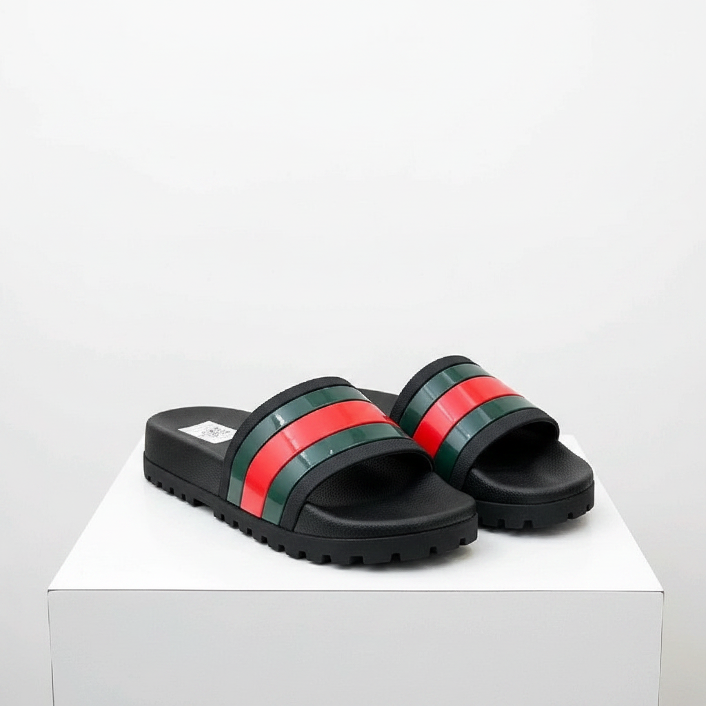 Men's black green-red stripe slide sandals pair on white platform