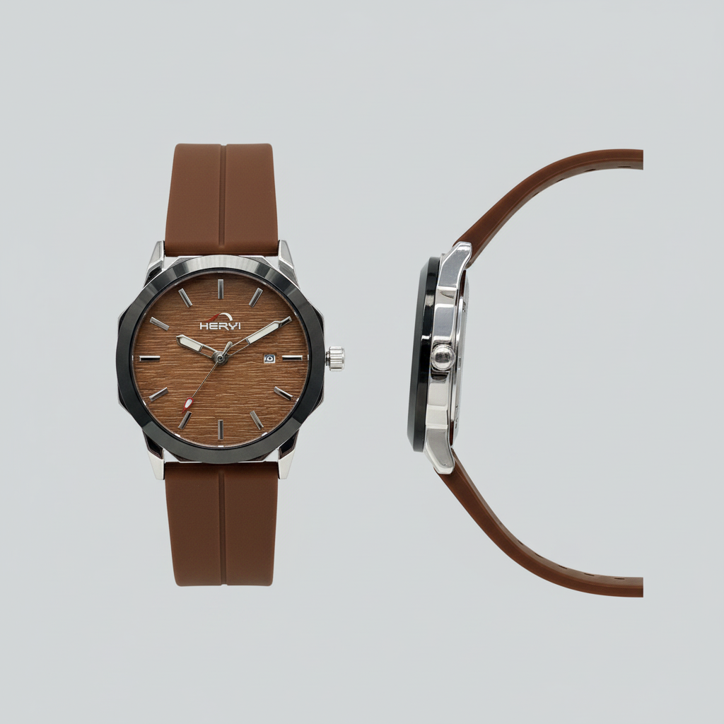 Brown textured dial watch with brown grooved strap, polished case, and dark bezel shown from the front and side
