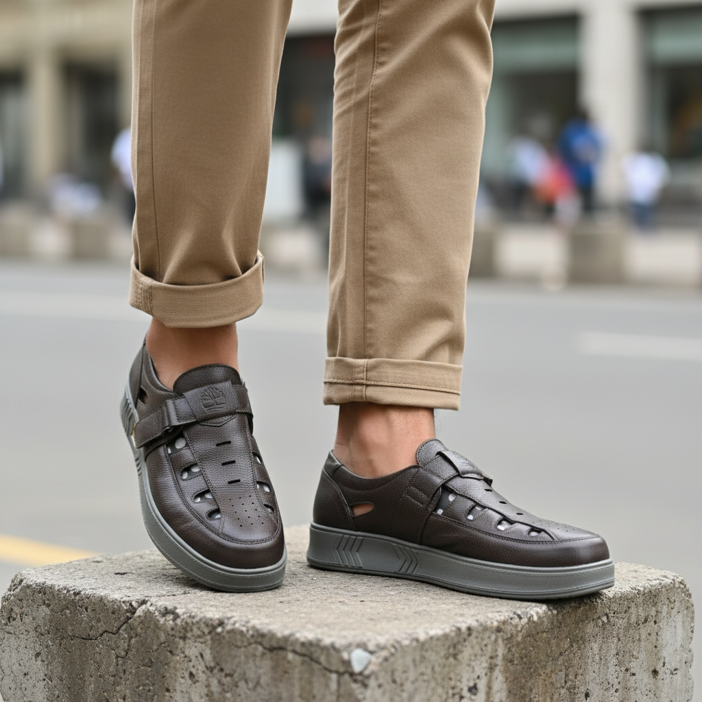 Model wearing charcoal pebbled leather ventilated velcro-strap slip-on shoes leg shot