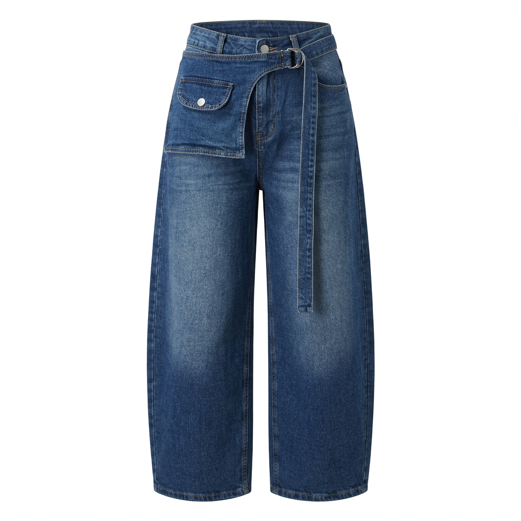Washed blue wide-leg jeans with long denim belt and asymmetric flap-pocket panel on white