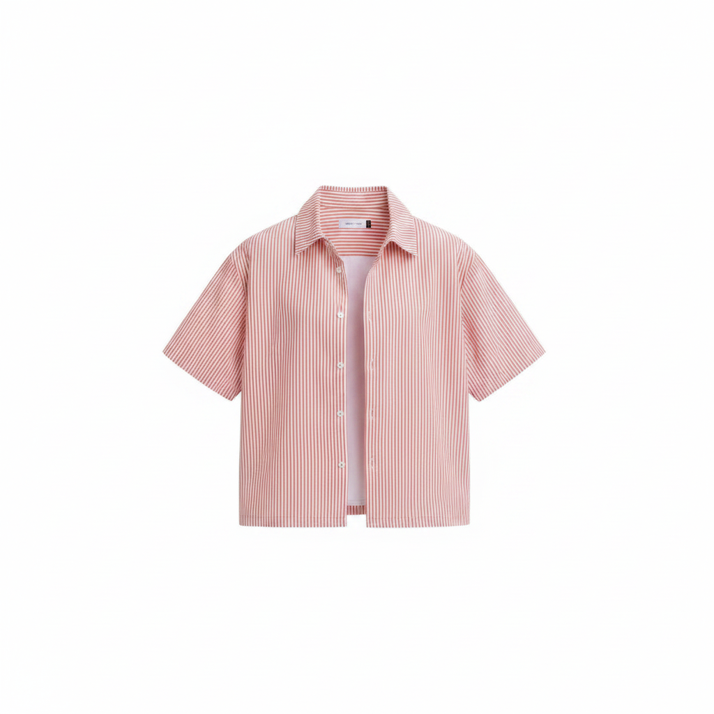 Men's pink coral and white fine pinstripe boxy short-sleeve shirt with open collar, ghost mannequin front view