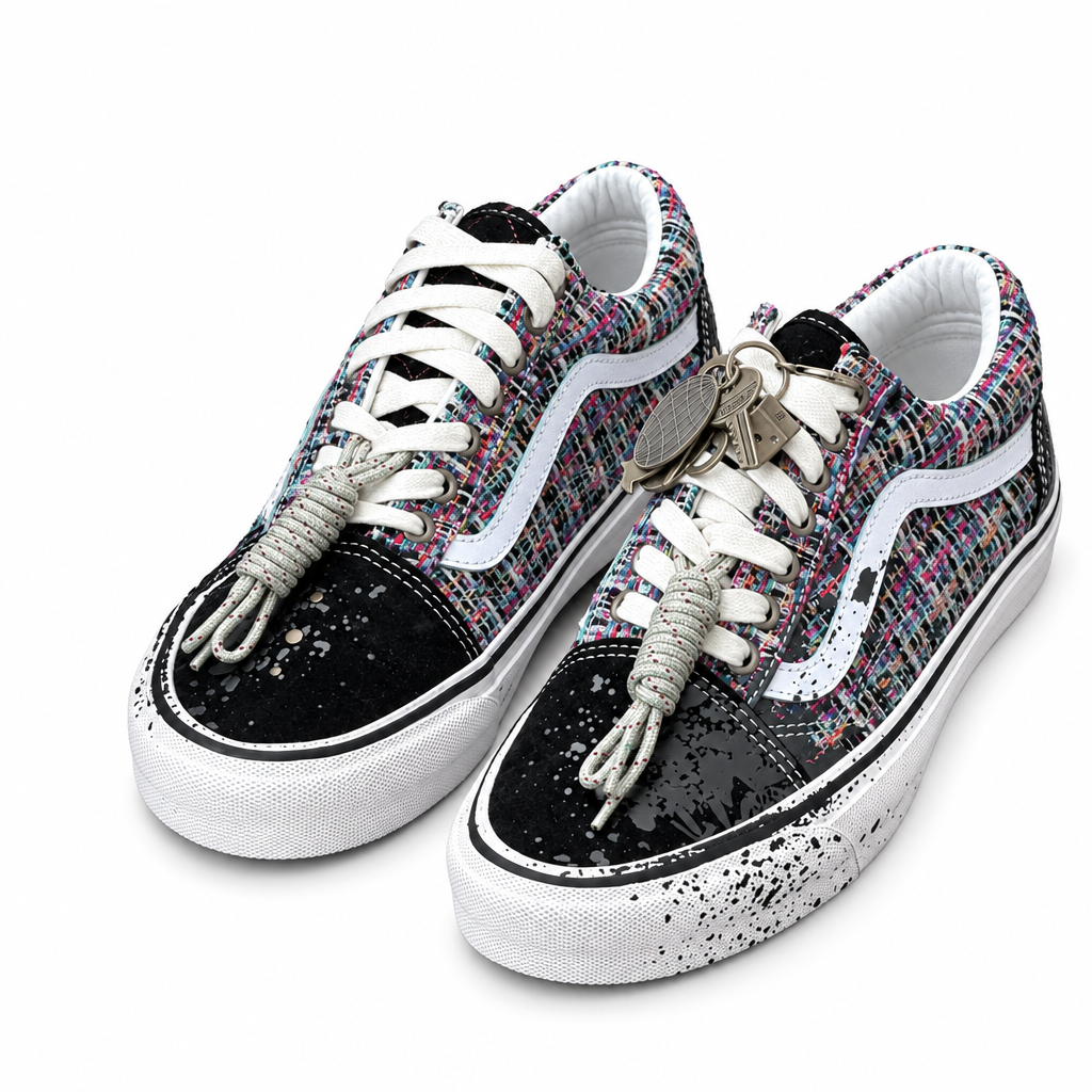 Multicolour woven sneakers with splatter detailing, cord accents and key charm