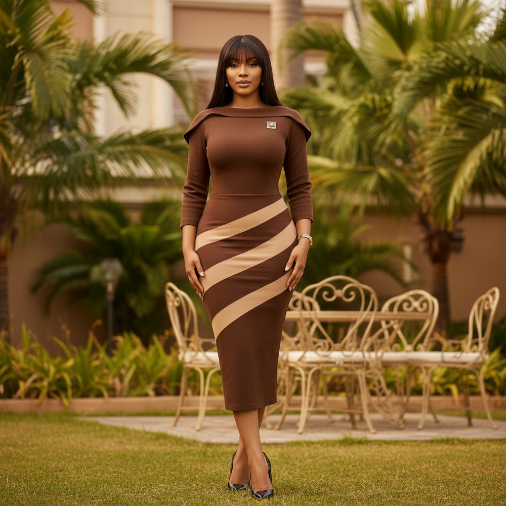 Nigerian female model wearing Women's Brown Diagonal Stripe Bodycon Midi Dress