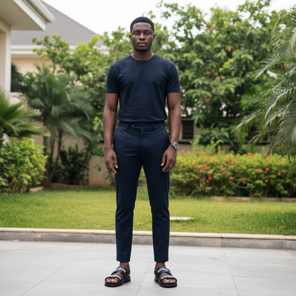 Nigerian male model wearing black double-strap open-toe sandals with dark navy trousers in garden setting