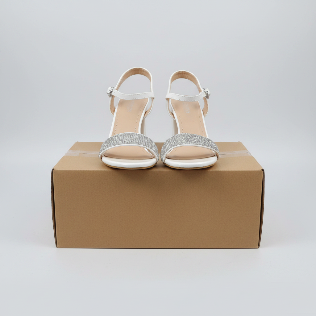 Women's Rhinestone-Band Block Heel Ankle Strap Sandal - White on Carton Box Platform