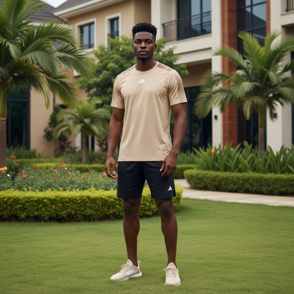 Nigerian male model wearing beige tonal shoulder-band short-sleeve sports jersey