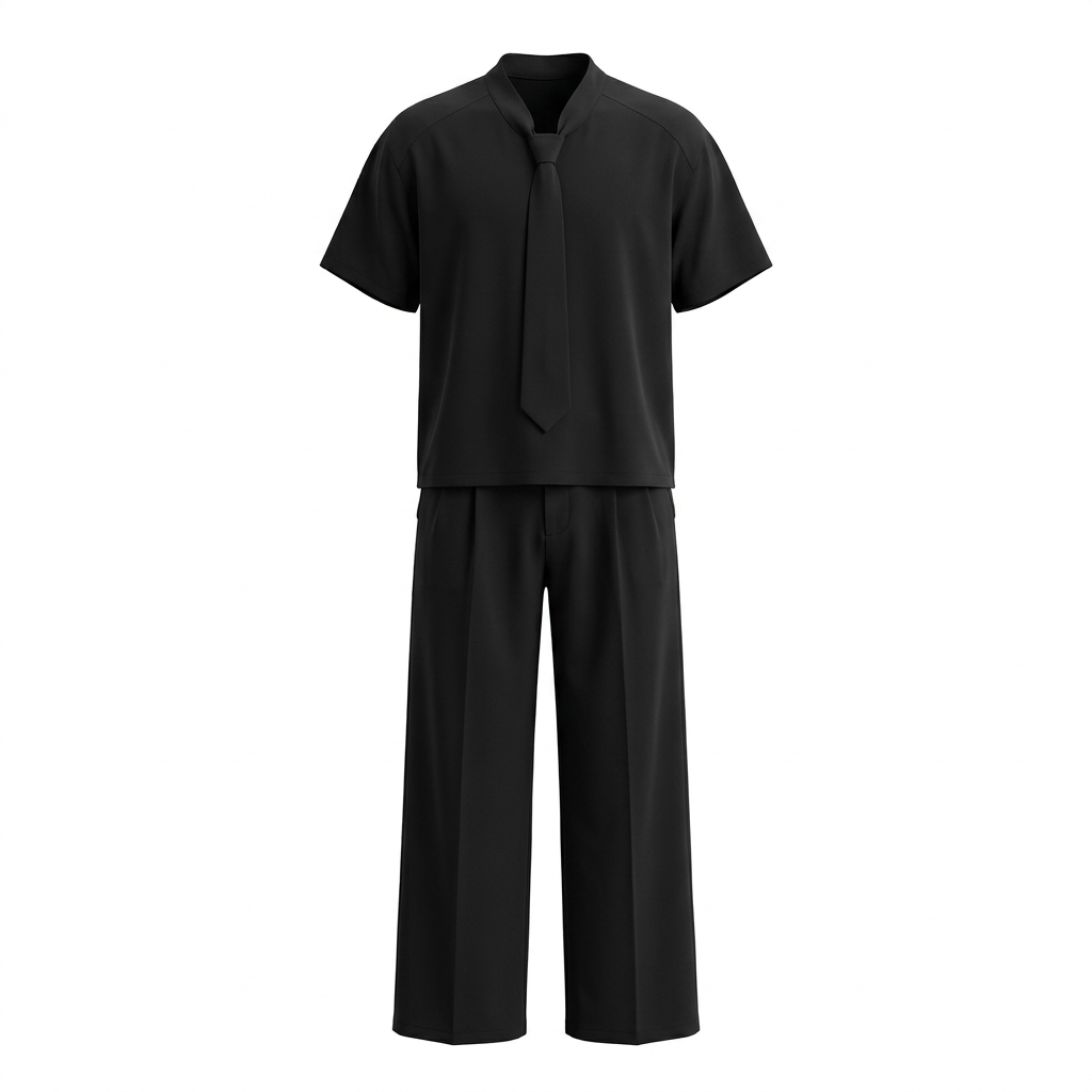 Black tie-neck shirt and wide-leg trouser set in shaped ghost mannequin view
