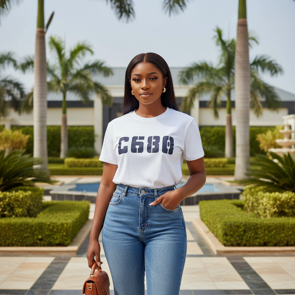 Women's white C680 block letter graphic crew neck tee - model shot