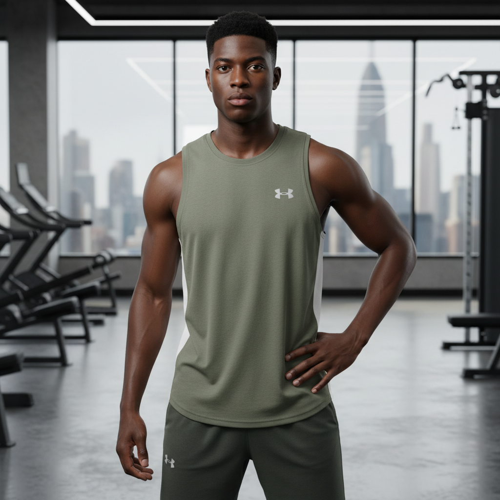 Under Armour olive sleeveless sport vest with white side panels on male model