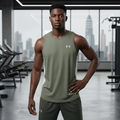 Under Armour olive sleeveless sport vest with white side panels on male model