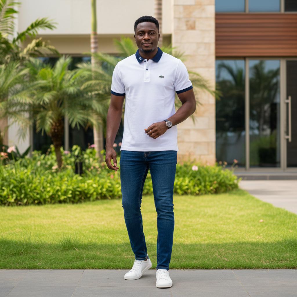 Nigerian male model wearing men's white polo shirt with navy contrast collar, garden setting