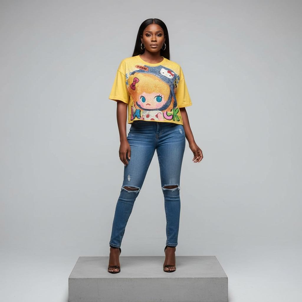Yellow Rhinestone Anime Girl Graphic Crop Top - Model Front