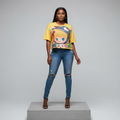 Yellow Rhinestone Anime Girl Graphic Crop Top - Model Front