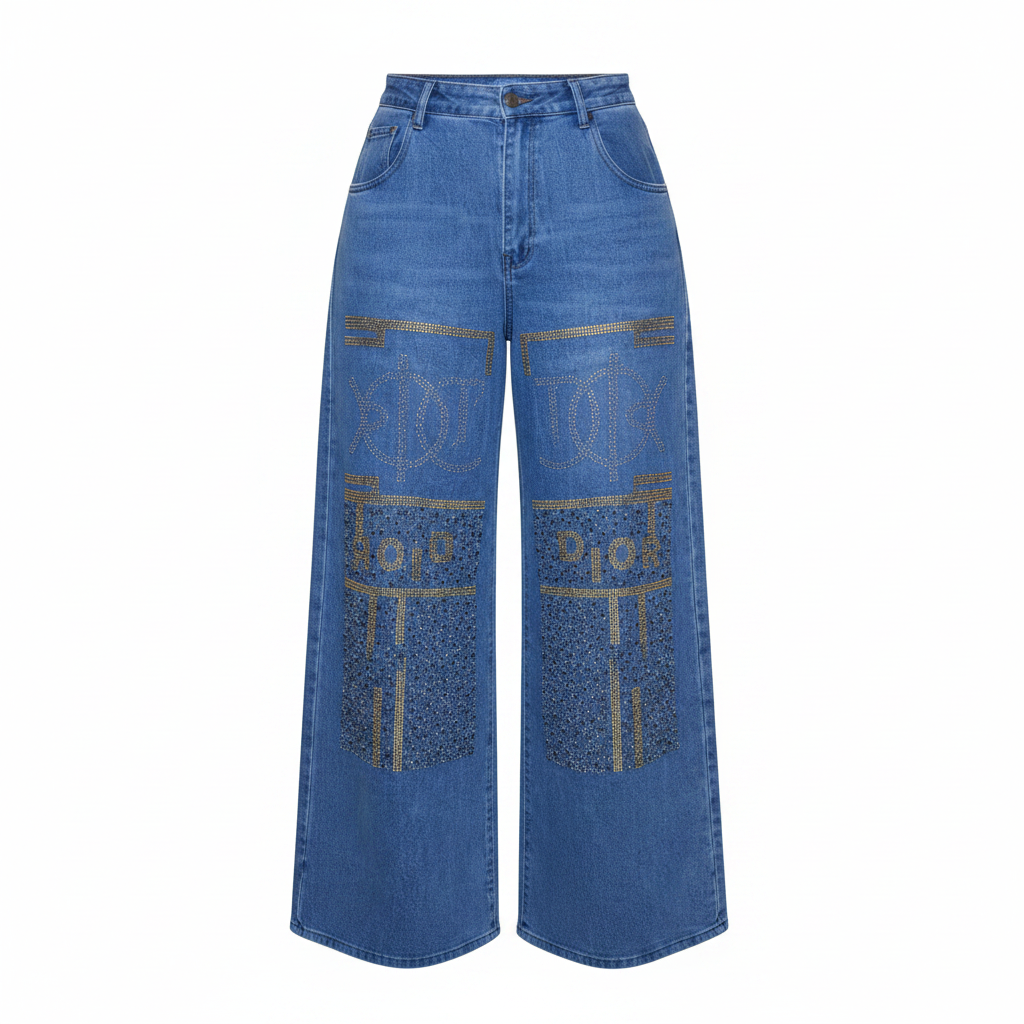 Women's rhinestone geometric panel wide-leg blue jeans – ghost mannequin front view