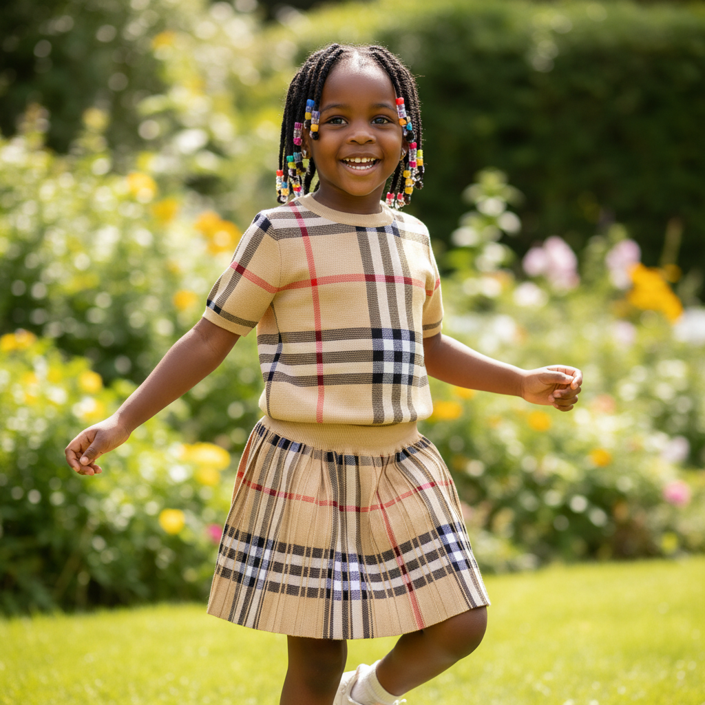 Girls Camel Tartan Plaid Knit Top & Pleated Skirt Set - Model Shot