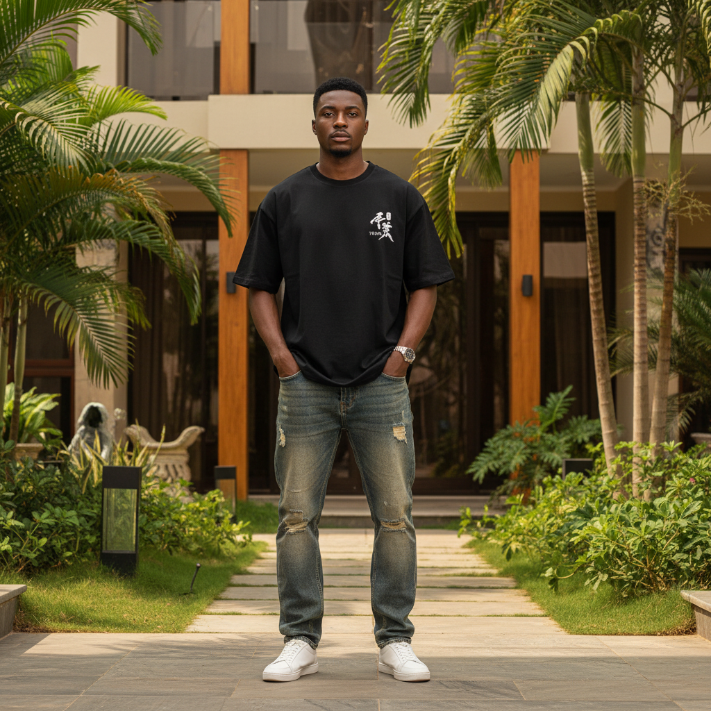 Nigerian male model wearing black Tokyo kanji samurai graphic oversized tee – front view