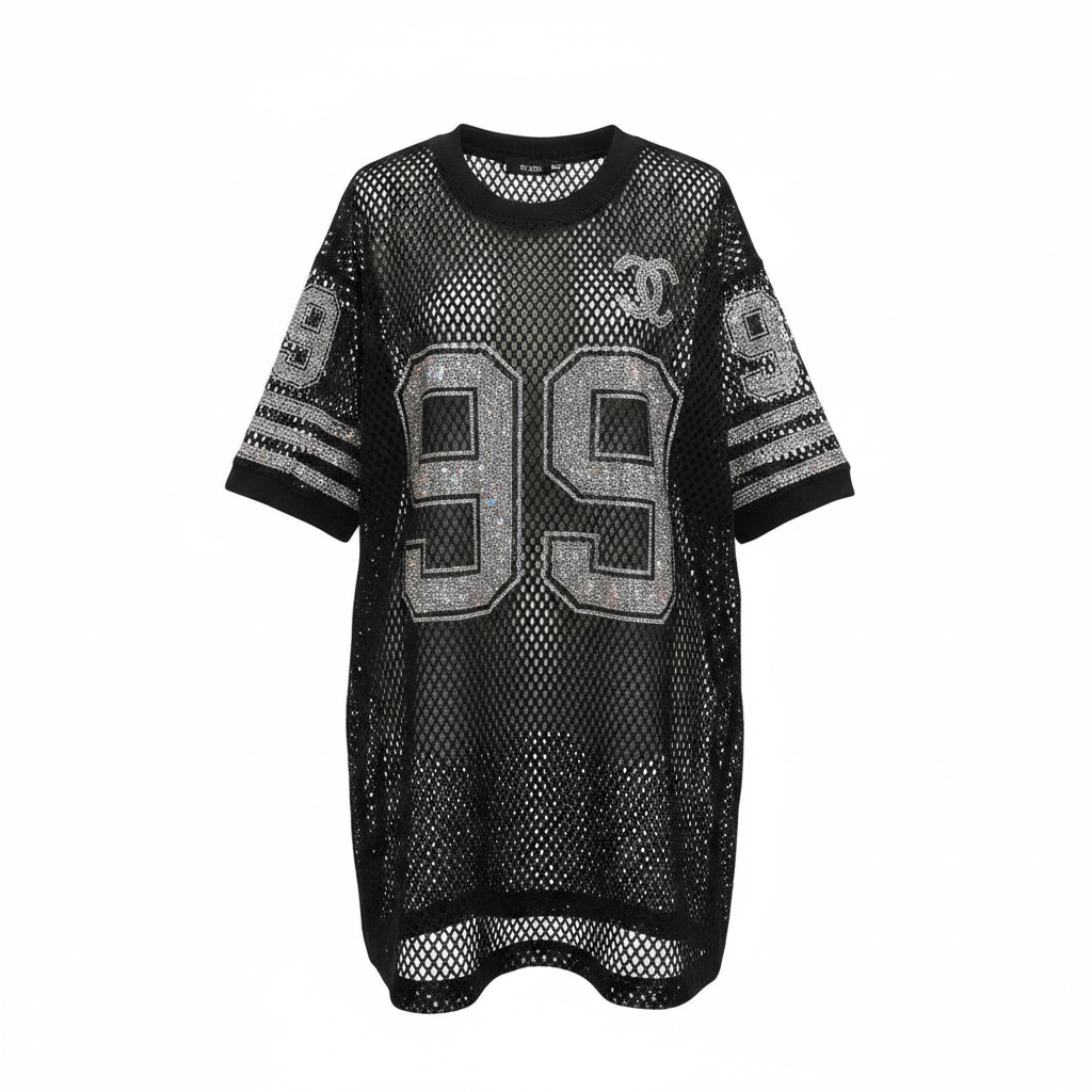 Rhinestone 99 Mesh Oversized Top – Ghost Mannequin Black