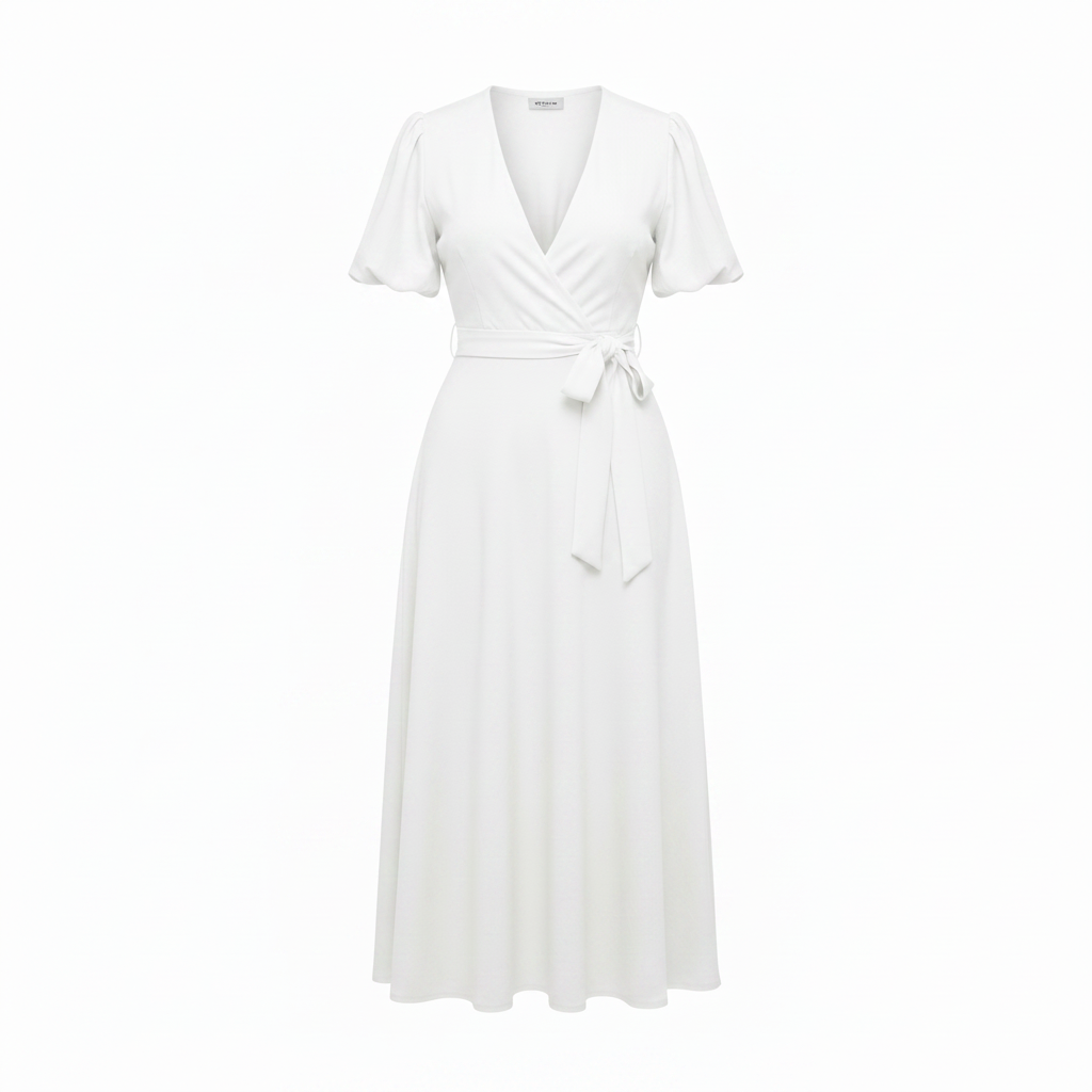 Women's white puff sleeve wrap midi dress – ghost mannequin view
