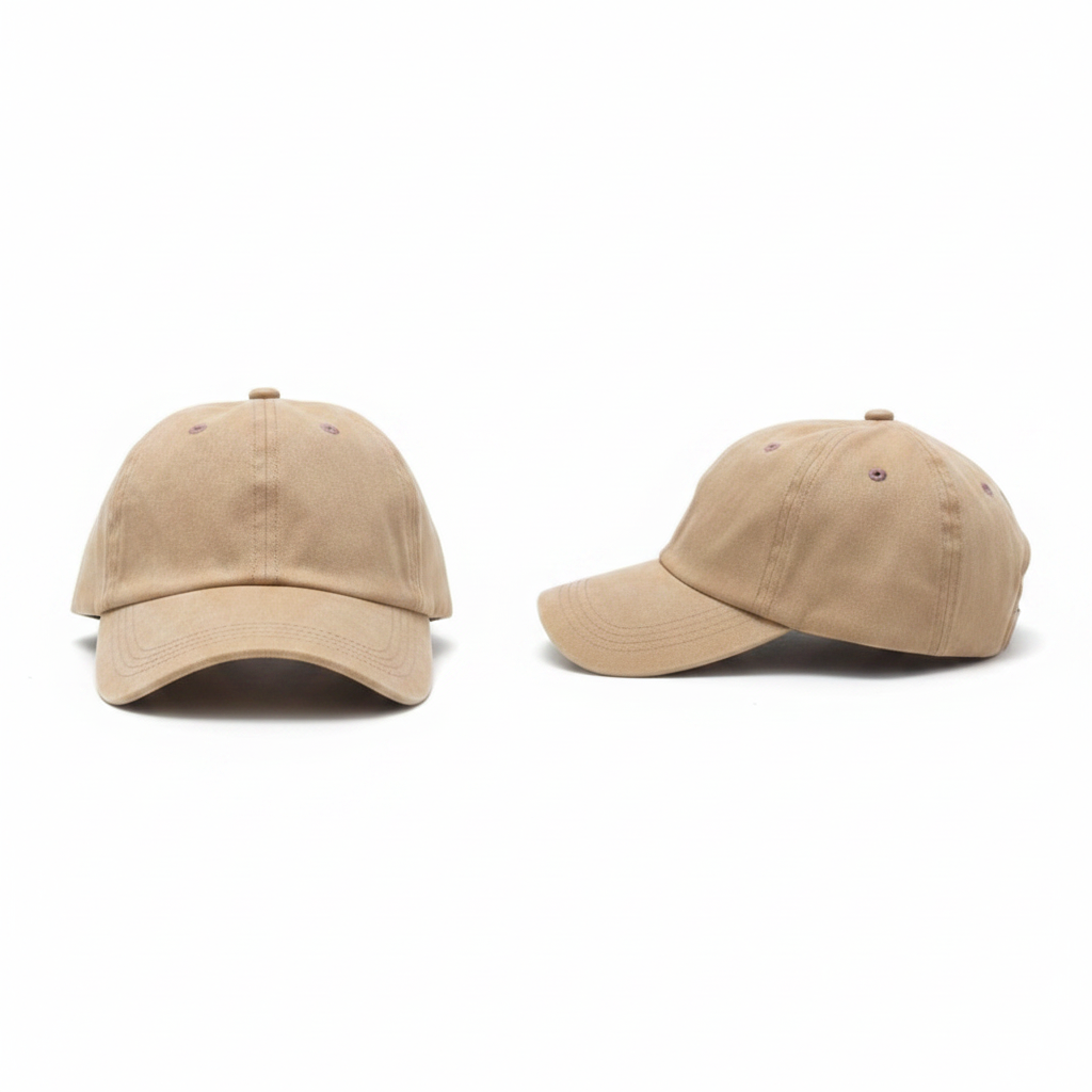 Plain beige light tan unstructured dad cap – ghost mannequin front and side view