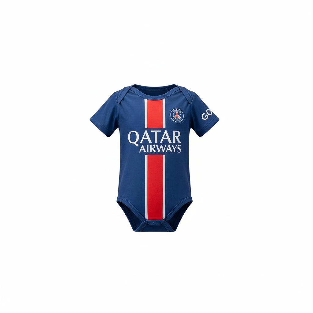 Baby royal blue & red stripe football romper bodysuit – ghost mannequin front view on white background