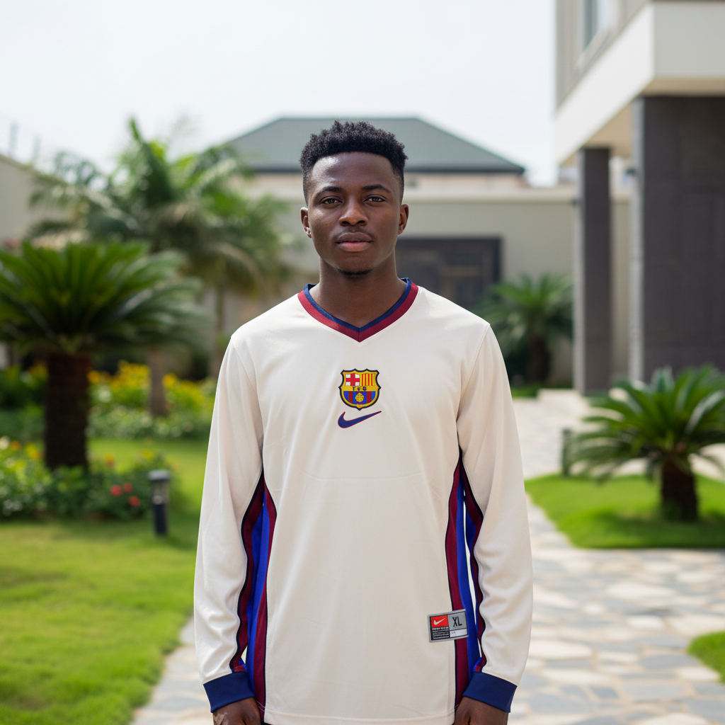 White and maroon blue panel long-sleeve retro football jersey — Nigerian male model front view