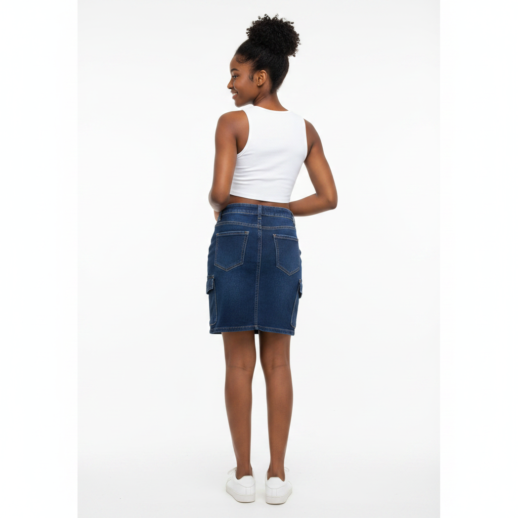 Denim cargo mini skirt back view on model