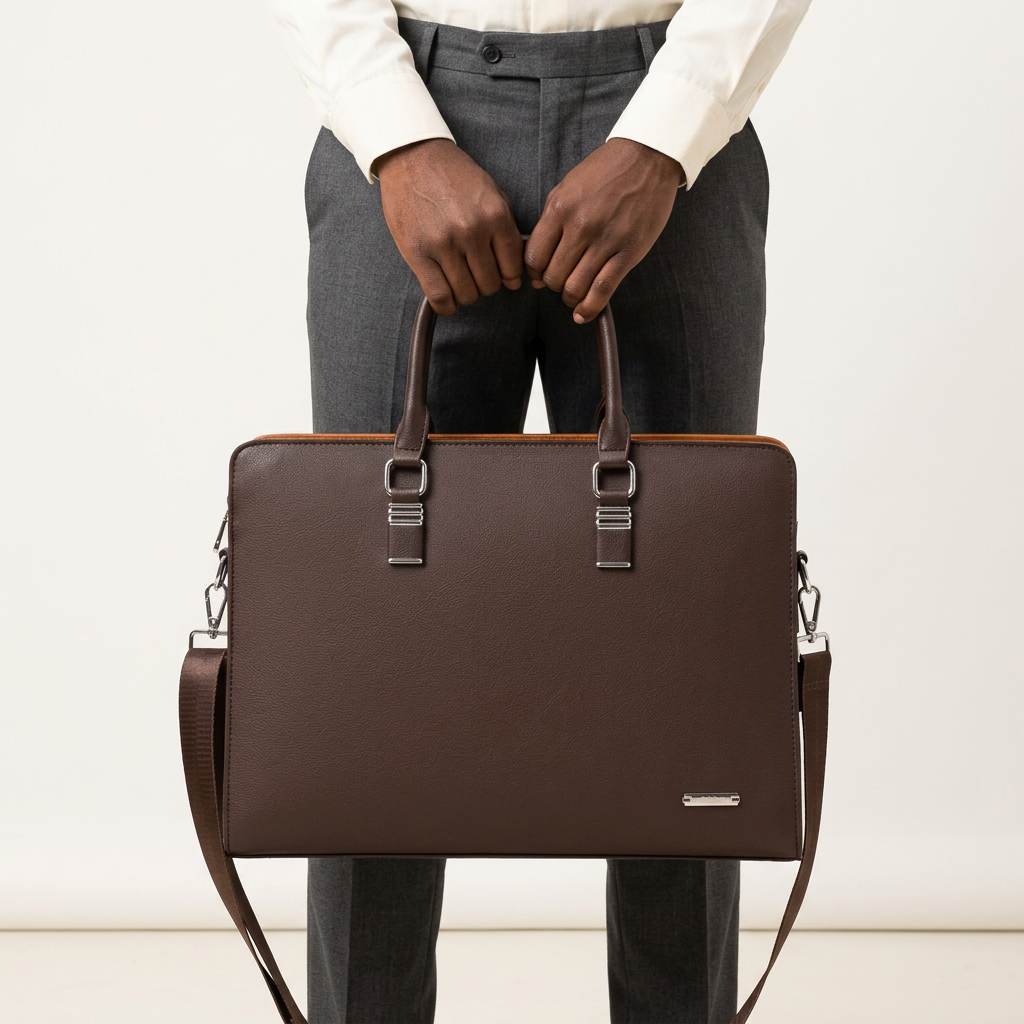 Close-up of a man carrying a chocolate-brown twin-handle laptop bag with silver-tone fittings and brown shoulder strap