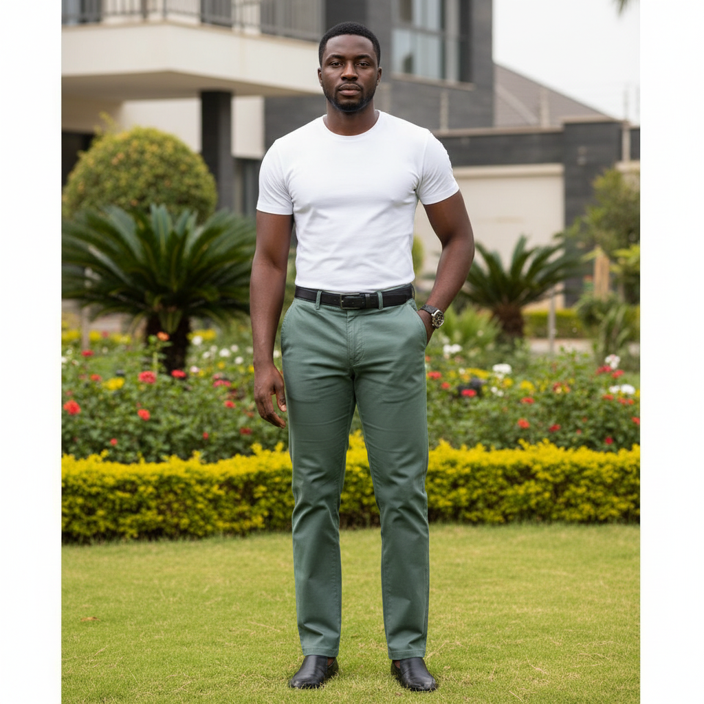 Nigerian male model wearing olive green trousers in outdoor setting