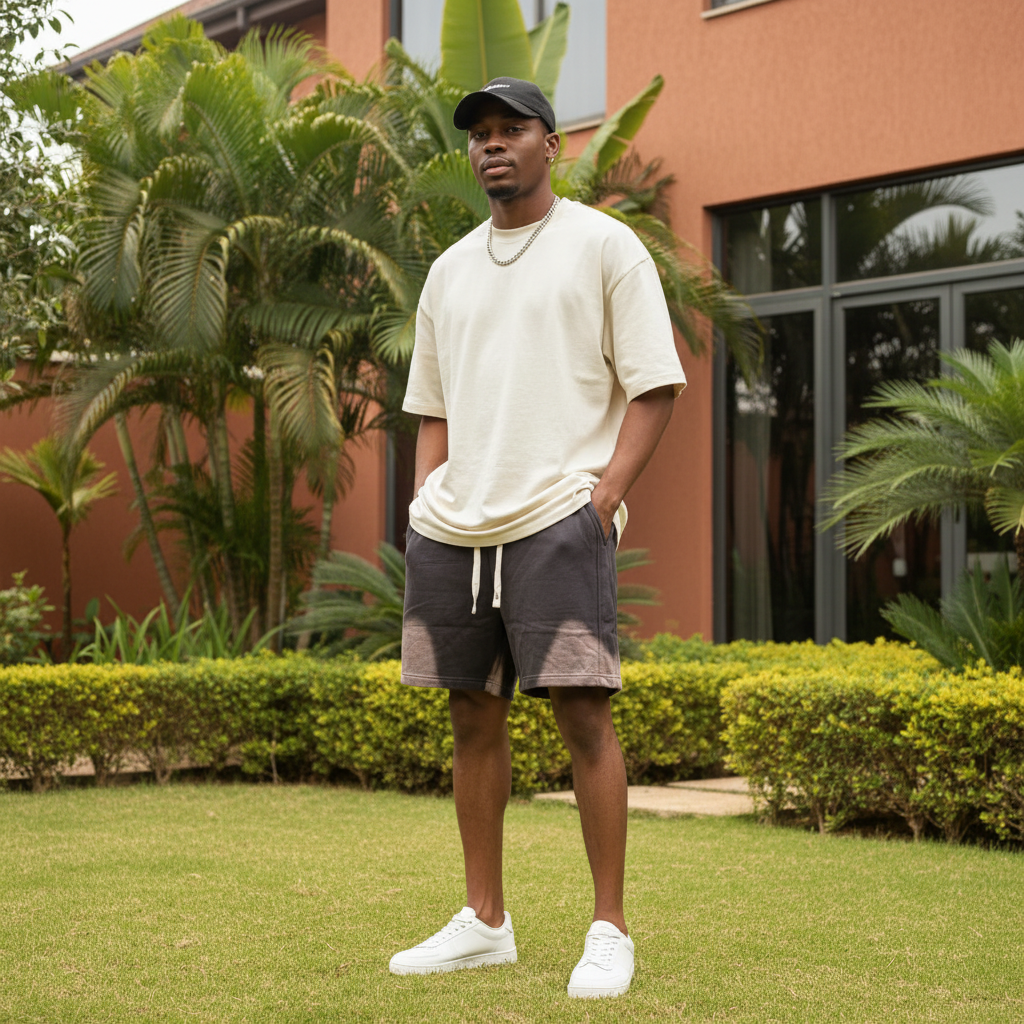 Nigerian male model wearing charcoal acid-wash gradient fleece lounge shorts — full body streetwear shot