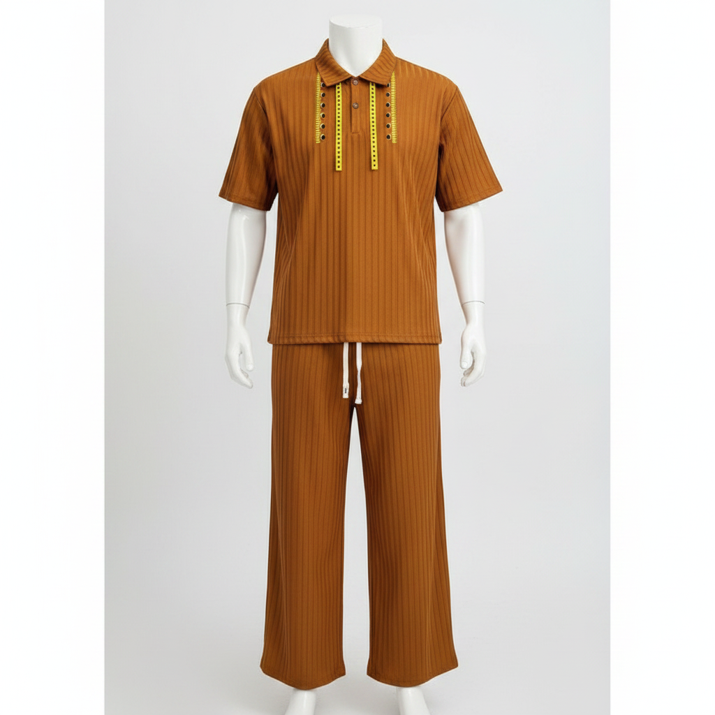 Ghost mannequin cognac gold tassel ribbed polo and trouser two-piece set